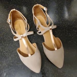 Rose gold and beige pointy toe strappy flats